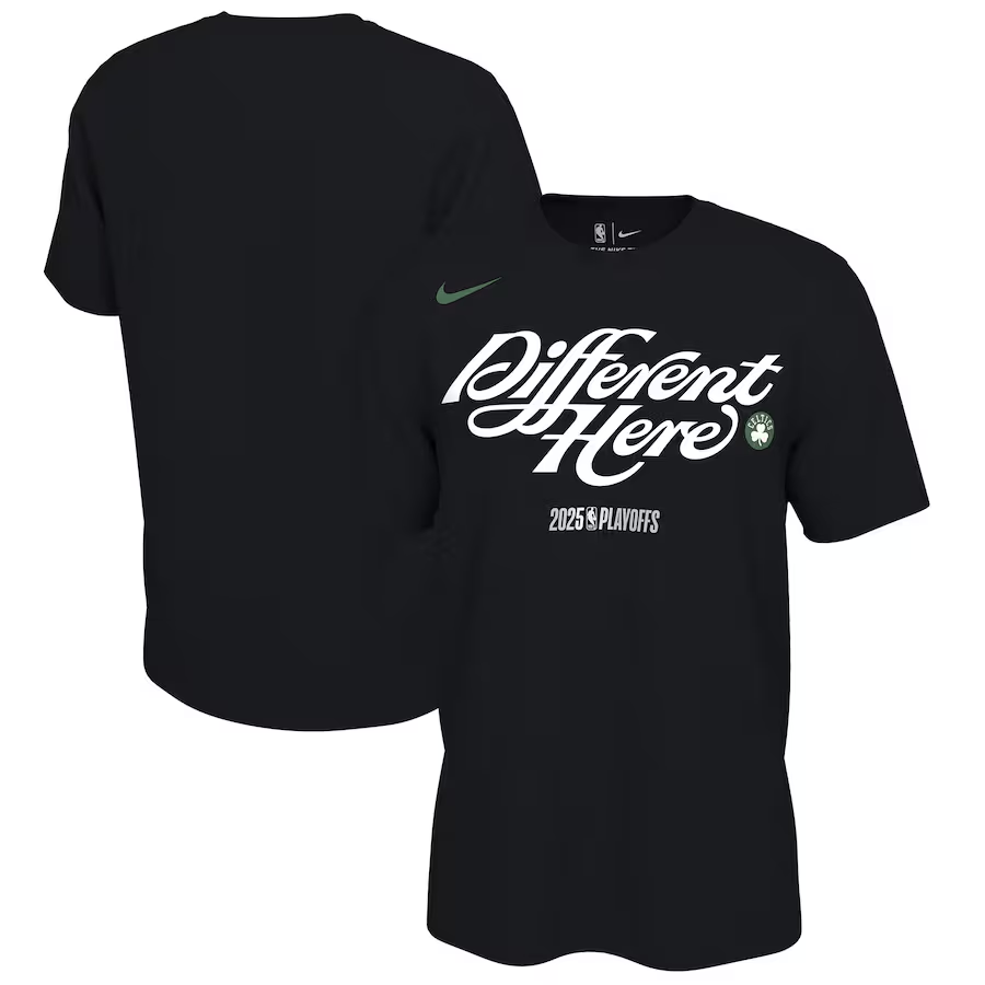 Men's Boston Celtics Black 2025 Playoffs On-Court Mantra T-Shirt